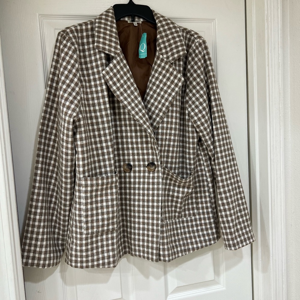 NEW brown white check gingham blazer jacket